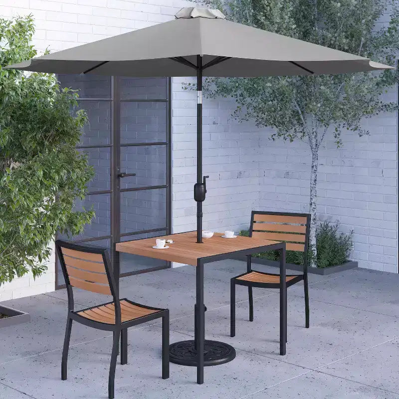 Merrick Lane Five Piece Faux Teak Patio Dining Set - Table, Two Armless Stacking Club Chairs, 9' Gray Umbrella and Base