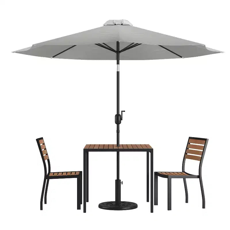 Merrick Lane Five Piece Faux Teak Patio Dining Set - Table, Two Armless Stacking Club Chairs, 9' Gray Umbrella and Base