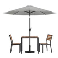 Merrick Lane Five Piece Faux Teak Patio Dining Set - Table, Two Armless Stacking Club Chairs, 9' Gray Umbrella and Base