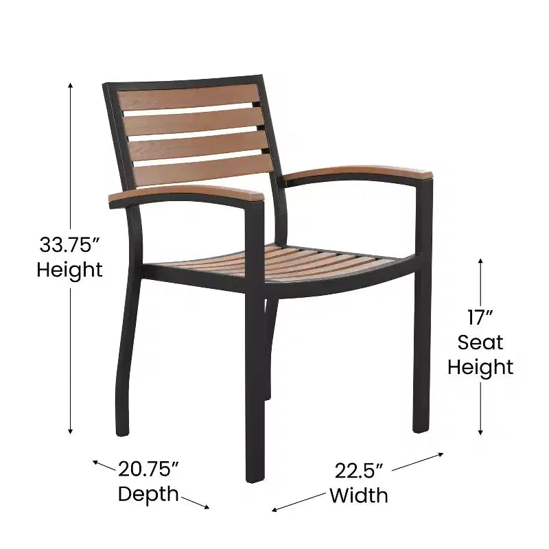 Merrick Lane Five Piece Faux Teak Patio Dining Set Includes Table, Two Club Chairs, 9' Patio Umbrella and Base