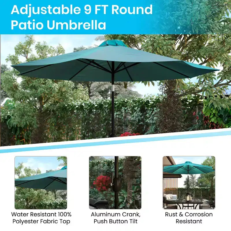 Merrick Lane Five Piece Faux Teak Patio Dining Set Includes Table, Two Club Chairs, 9' Patio Umbrella and Base