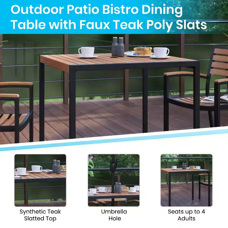 Merrick Lane Five Piece Faux Teak Patio Dining Set Includes Table, Two Club Chairs, 9' Patio Umbrella and Base