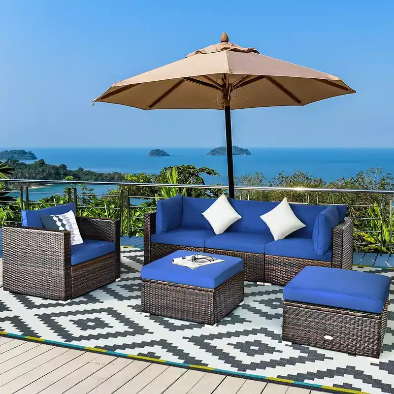 Costway 6PCS Patio Rattan Furniture Set Sofa Coffee Table Ottoman Navy