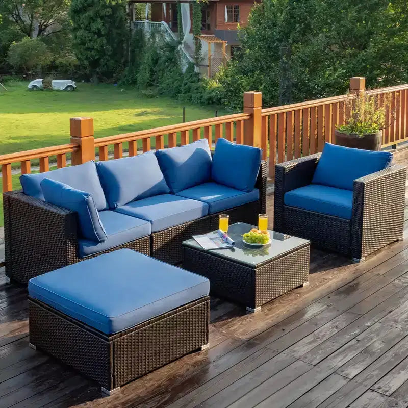Costway 6PCS Patio Rattan Furniture Set Sofa Coffee Table Ottoman Navy