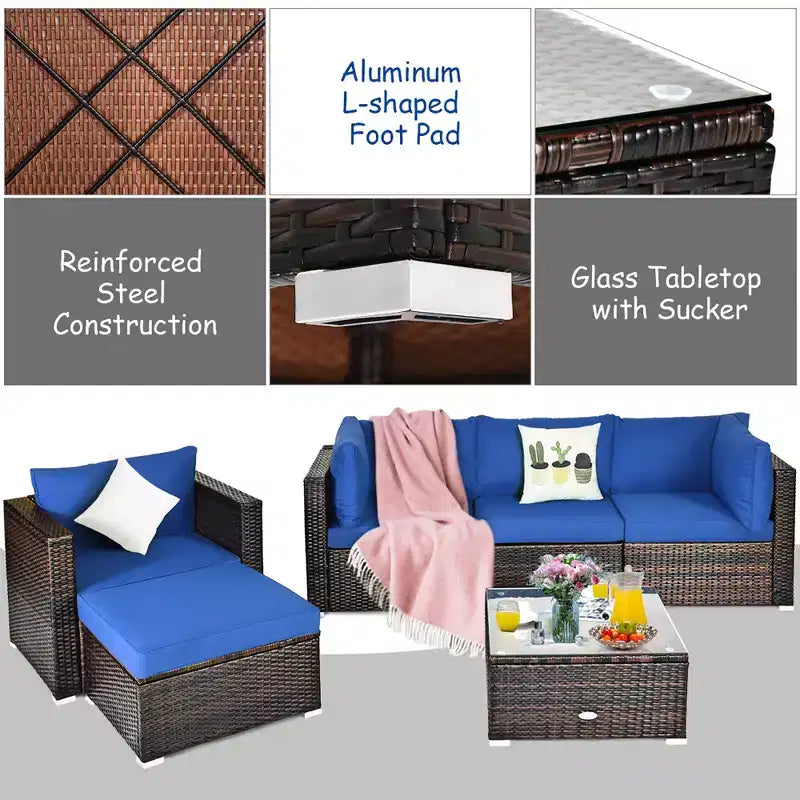 Costway 6PCS Patio Rattan Furniture Set Sofa Coffee Table Ottoman Navy