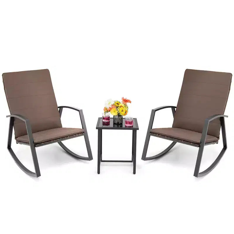 Costway 3PCS Patio Rattan Rocking Chair Table Furniture Set Yard Cushion