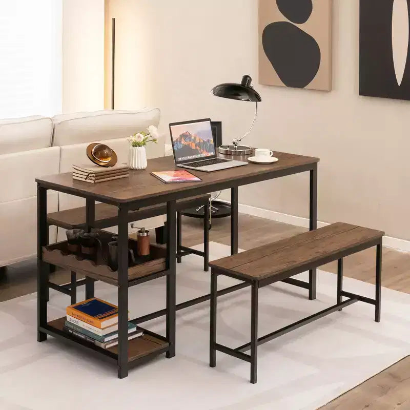 Costway 3 PCS Dining Table Set for 4 Kitchen Dining Room Table & 2 Benches W/ Rack
