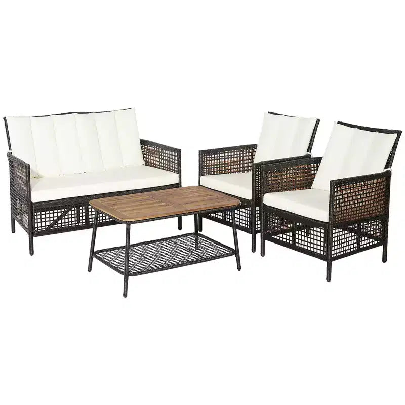 Costway 8PCS Patio Rattan Furniture Set Cushioned Chairs Wood Table Top W/Shelf