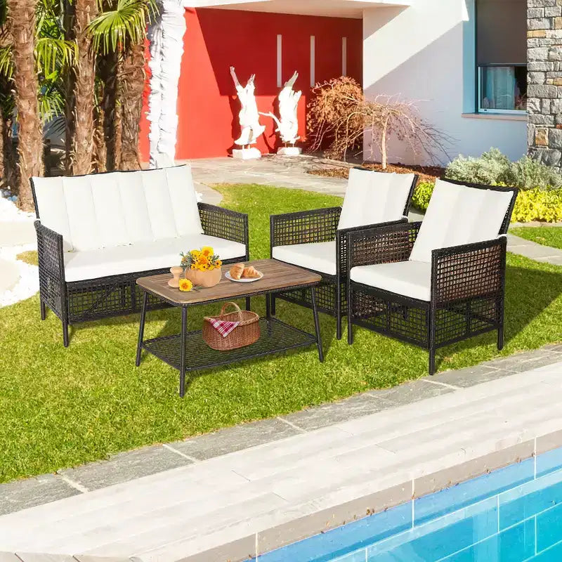 Costway 8PCS Patio Rattan Furniture Set Cushioned Chairs Wood Table Top W/Shelf