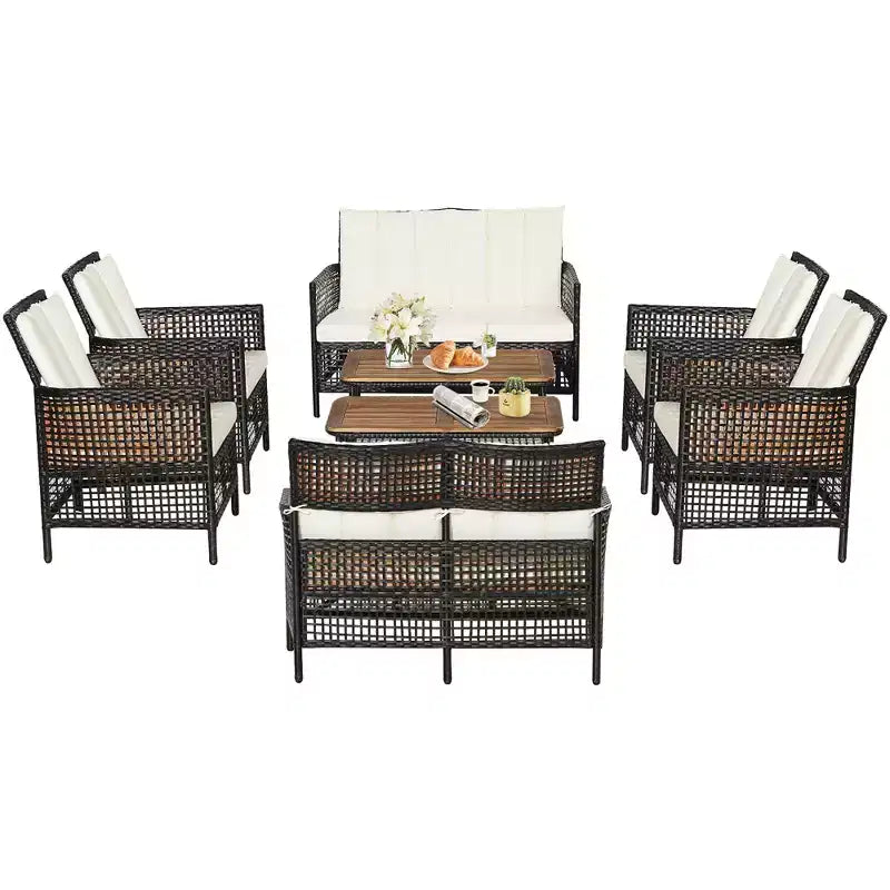 Costway 8PCS Patio Rattan Furniture Set Cushioned Chairs Wood Table Top W/Shelf
