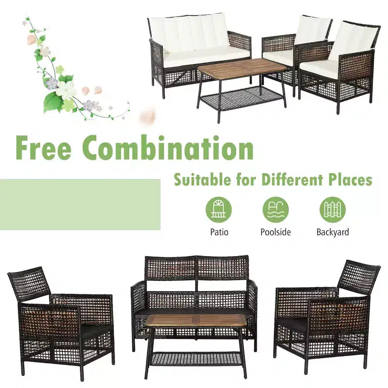Costway 8PCS Patio Rattan Furniture Set Cushioned Chairs Wood Table Top W/Shelf