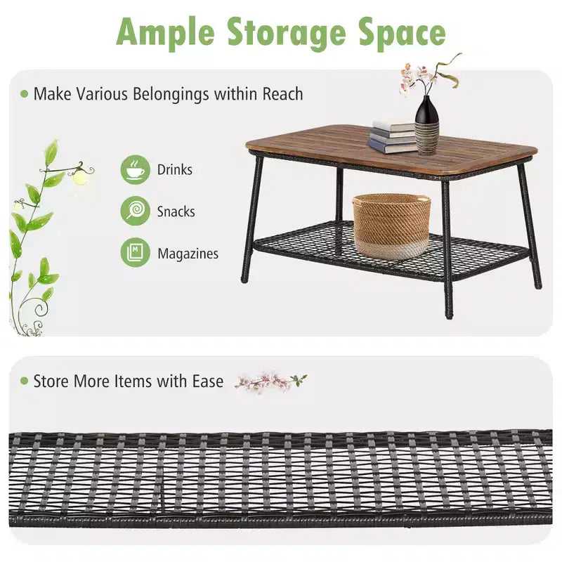 Costway 8PCS Patio Rattan Furniture Set Cushioned Chairs Wood Table Top W/Shelf