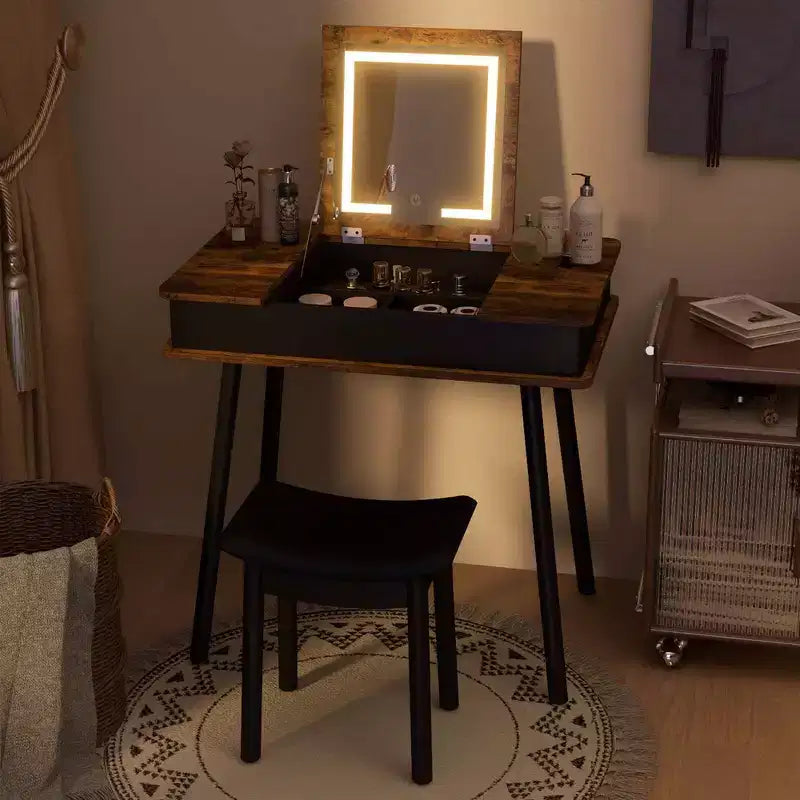 Costway Vanity Table Set w/ Flip Top Mirror Lights USB Port Cushioned Stool Writing Desk