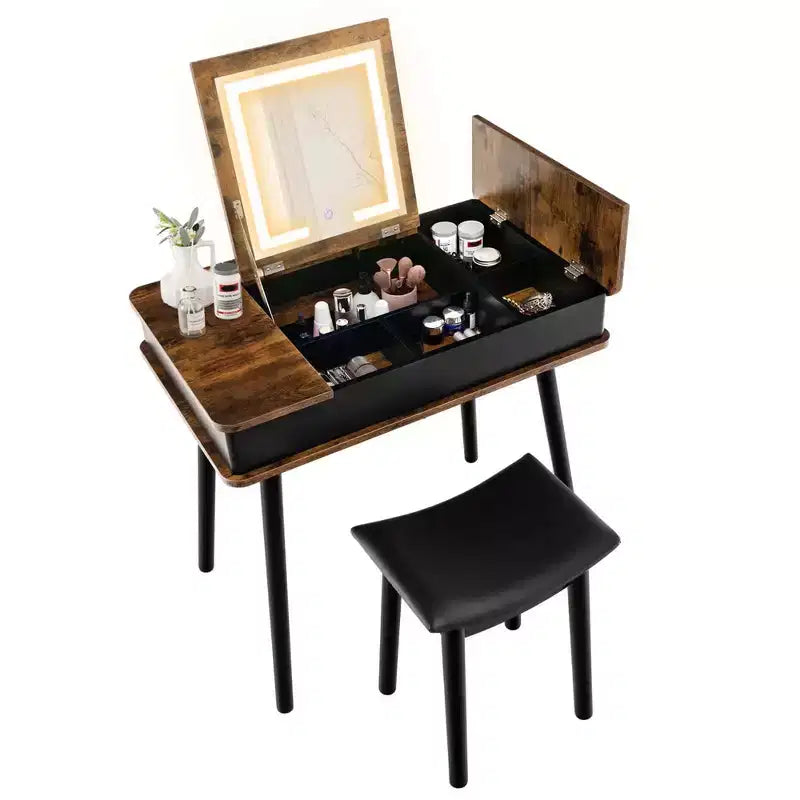 Costway Vanity Table Set w/ Flip Top Mirror Lights USB Port Cushioned Stool Writing Desk