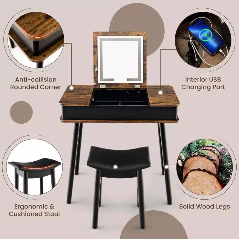 Costway Vanity Table Set w/ Flip Top Mirror Lights USB Port Cushioned Stool Writing Desk