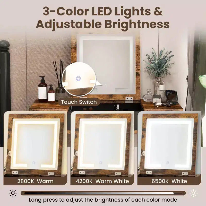 Costway Vanity Table Set w/ Flip Top Mirror Lights USB Port Cushioned Stool Writing Desk