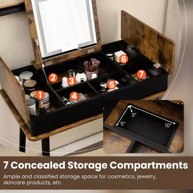 Costway Vanity Table Set w/ Flip Top Mirror Lights USB Port Cushioned Stool Writing Desk