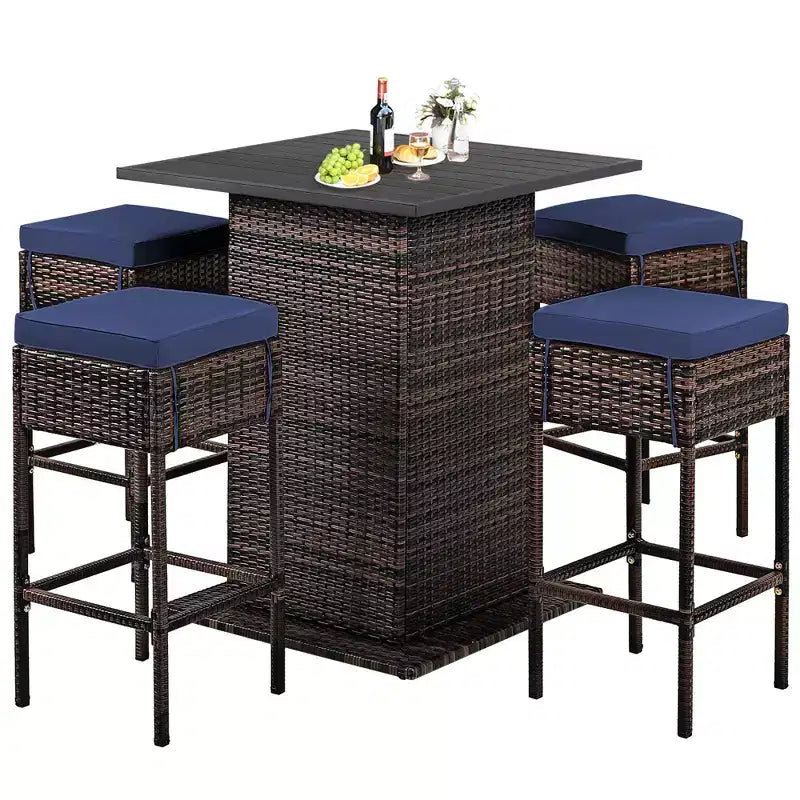 Costway 5PCS Patio Rattan Bar Table Stool Set Hidden Storage Shelf Cushioned