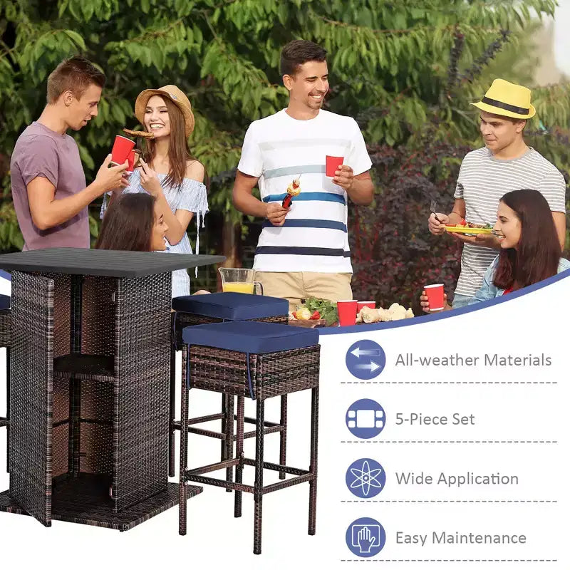 Costway 5PCS Patio Rattan Bar Table Stool Set Hidden Storage Shelf Cushioned