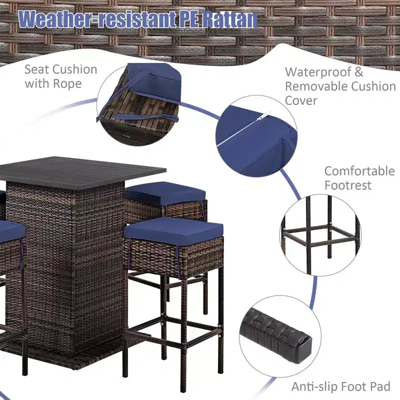 Costway 5PCS Patio Rattan Bar Table Stool Set Hidden Storage Shelf Cushioned