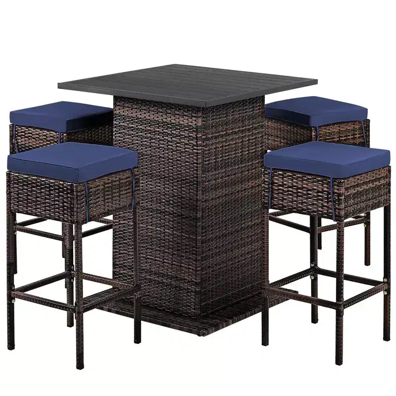 Costway 5PCS Patio Rattan Bar Table Stool Set Hidden Storage Shelf Cushioned