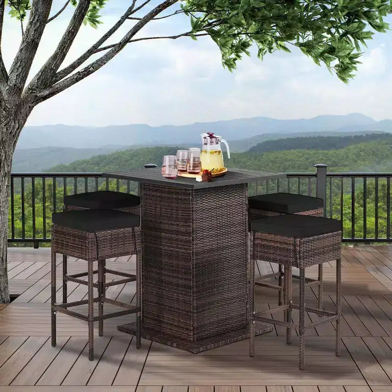 Costway 5PCS Patio Rattan Bar Table Stool Set Hidden Storage Shelf Cushioned