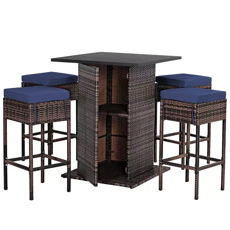 Costway 5PCS Patio Rattan Bar Table Stool Set Hidden Storage Shelf Cushioned