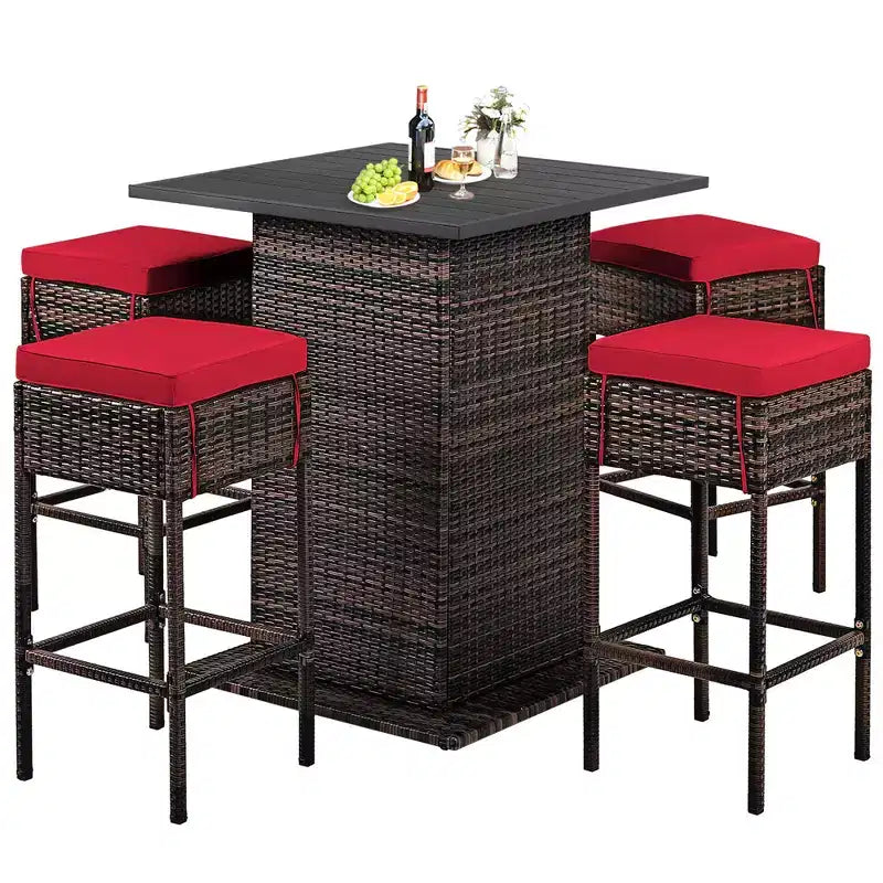 Costway 5PCS Patio Rattan Bar Table Stool Set Hidden Storage Shelf Cushioned