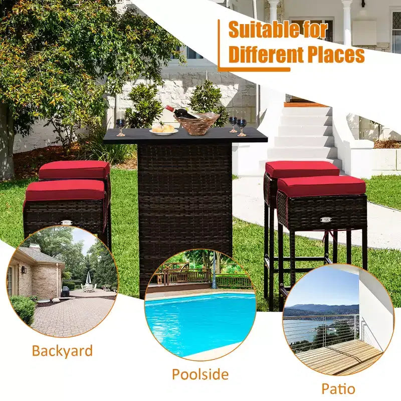 Costway 5PCS Patio Rattan Bar Table Stool Set Hidden Storage Shelf Cushioned
