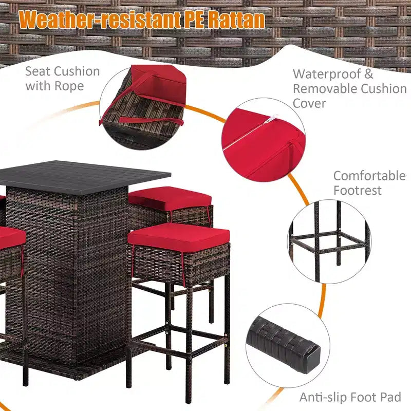 Costway 5PCS Patio Rattan Bar Table Stool Set Hidden Storage Shelf Cushioned