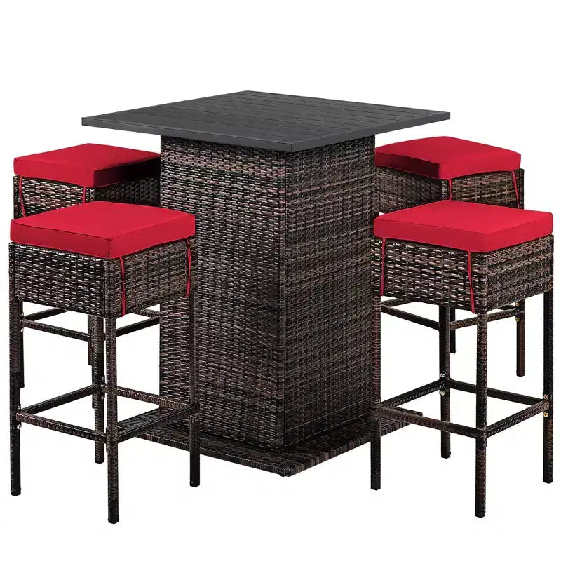Costway 5PCS Patio Rattan Bar Table Stool Set Hidden Storage Shelf Cushioned