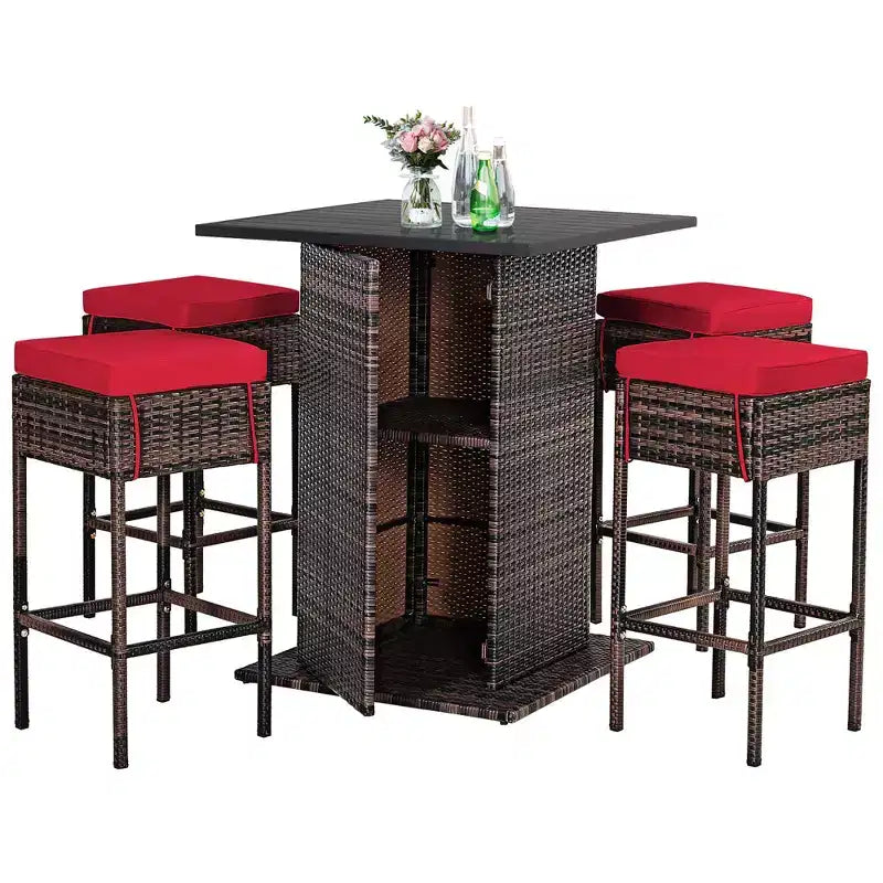 Costway 5PCS Patio Rattan Bar Table Stool Set Hidden Storage Shelf Cushioned