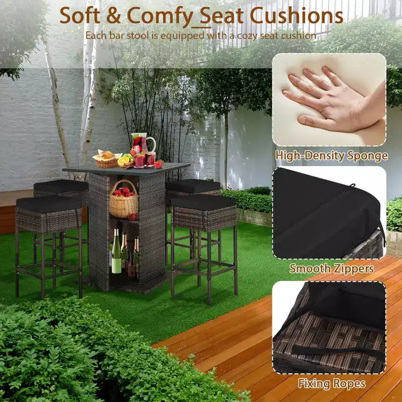 Costway 5PCS Patio Rattan Bar Table Stool Set Hidden Storage Shelf Cushioned