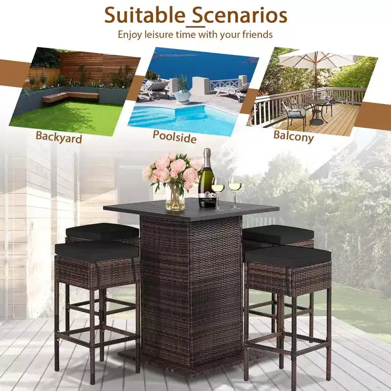 Costway 5PCS Patio Rattan Bar Table Stool Set Hidden Storage Shelf Cushioned