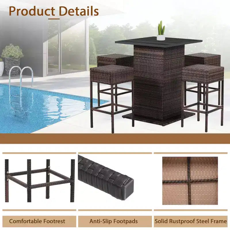 Costway 5PCS Patio Rattan Bar Table Stool Set Hidden Storage Shelf Cushioned