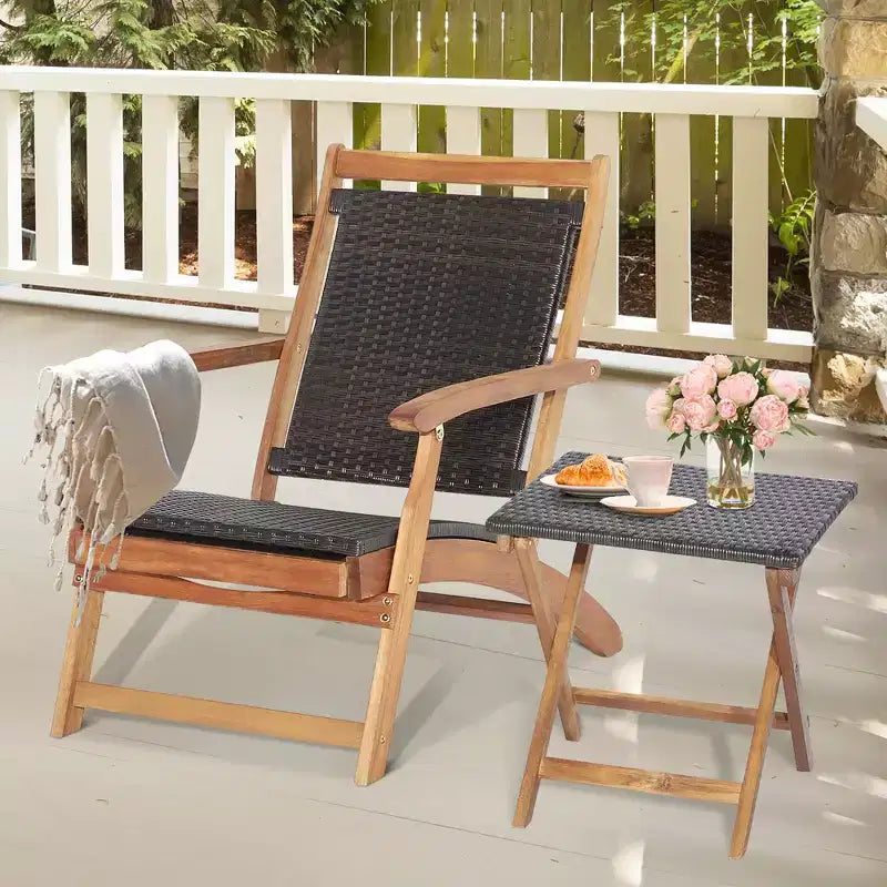 Costway 4PCS Patio Rattan Folding Lounge Chair Table Acacia Wood withRetractable Footrest