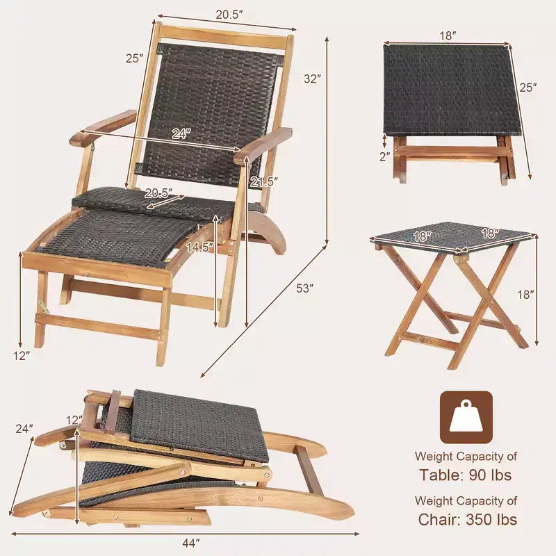 Costway 4PCS Patio Rattan Folding Lounge Chair Table Acacia Wood withRetractable Footrest