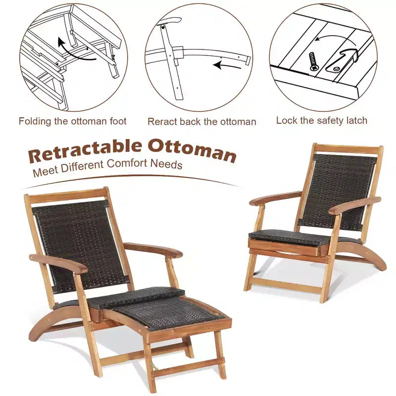 Costway 4PCS Patio Rattan Folding Lounge Chair Table Acacia Wood withRetractable Footrest