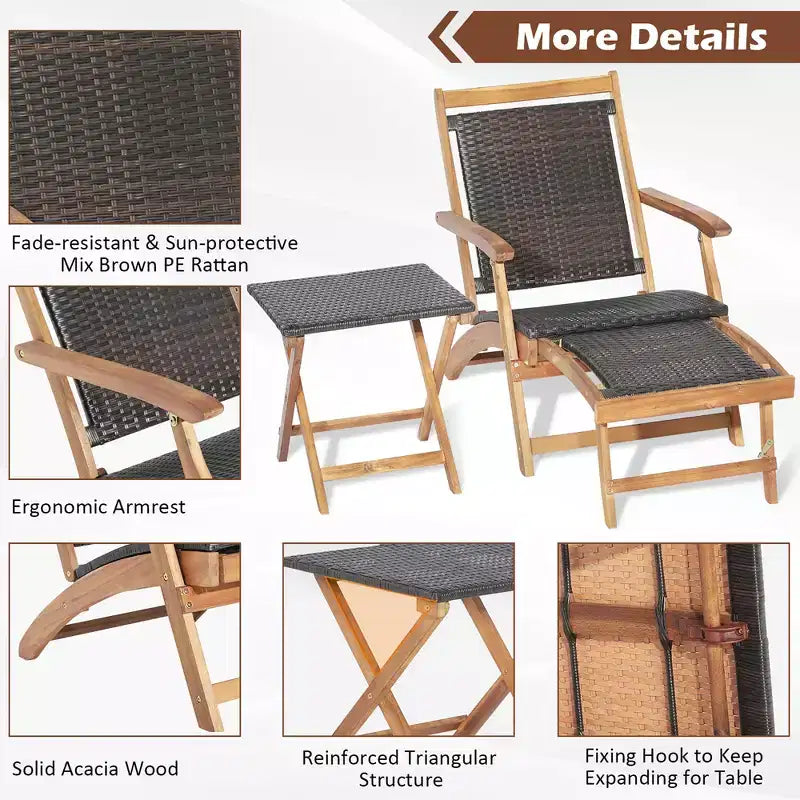 Costway 4PCS Patio Rattan Folding Lounge Chair Table Acacia Wood withRetractable Footrest