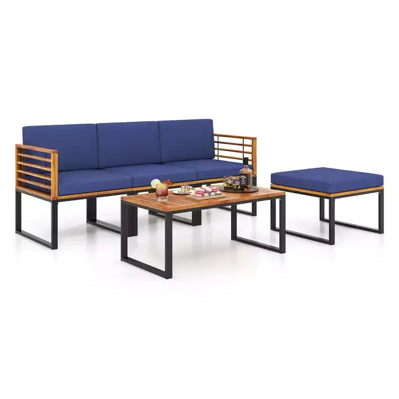 Costway 5 Piece Patio Chair Set, Acacia Wood Chair Set with Ottoman & Coffee Table
