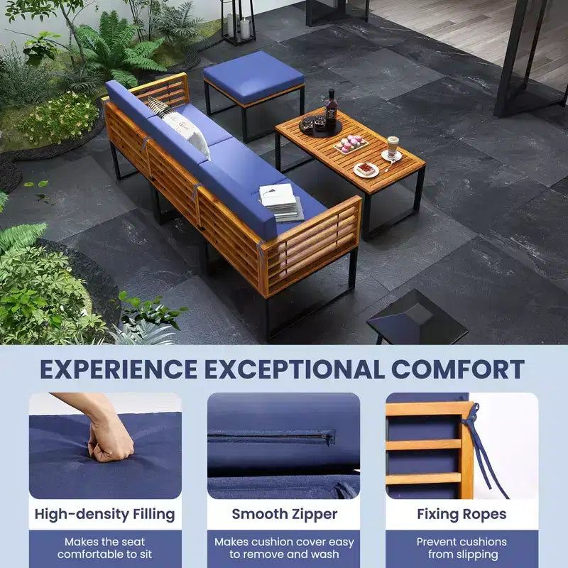Costway 5 Piece Patio Chair Set, Acacia Wood Chair Set with Ottoman & Coffee Table