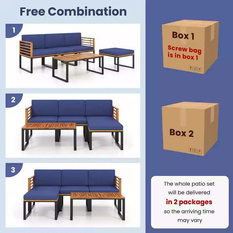 Costway 5 Piece Patio Chair Set, Acacia Wood Chair Set with Ottoman & Coffee Table