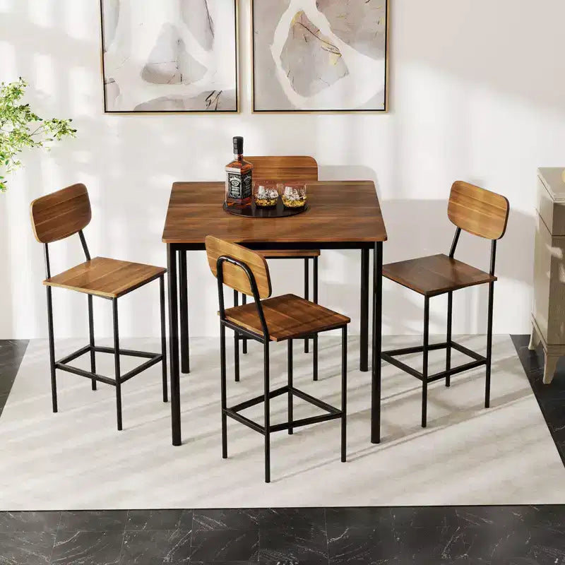Costway 5-Piece Industrial Dining Table Set with Counter Height Table & 4 Bar Stools Black/Grey/Walnut