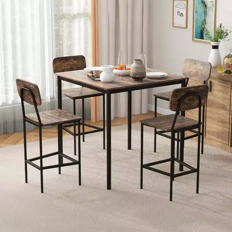 Costway 5-Piece Industrial Dining Table Set with Counter Height Table & 4 Bar Stools Black/Grey/Walnut