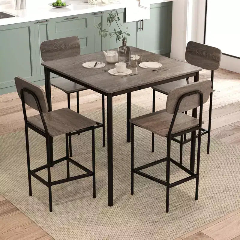 Costway 5-Piece Industrial Dining Table Set with Counter Height Table & 4 Bar Stools Black/Grey/Walnut