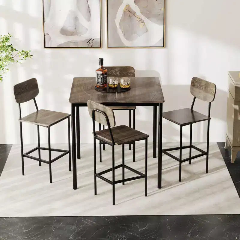 Costway 5-Piece Industrial Dining Table Set with Counter Height Table & 4 Bar Stools Black/Grey/Walnut