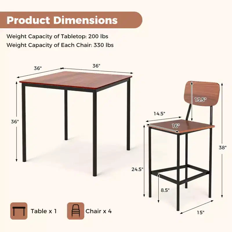 Costway 5-Piece Industrial Dining Table Set with Counter Height Table & 4 Bar Stools Black/Grey/Walnut