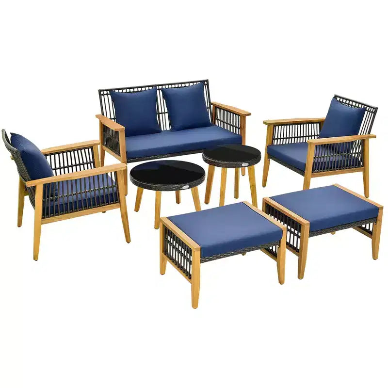 Costway 7 Piece Conversation Set Rattan Woven Chair Set with 2 Coffee Tables & 2 Ottomans