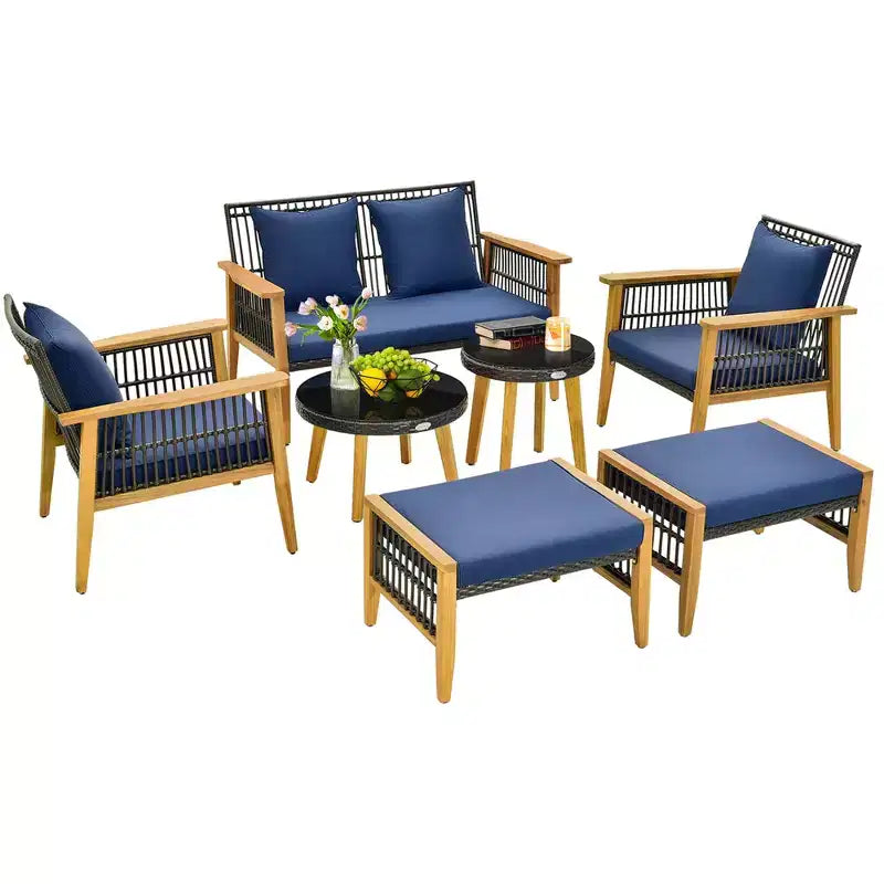 Costway 7 Piece Conversation Set Rattan Woven Chair Set with 2 Coffee Tables & 2 Ottomans