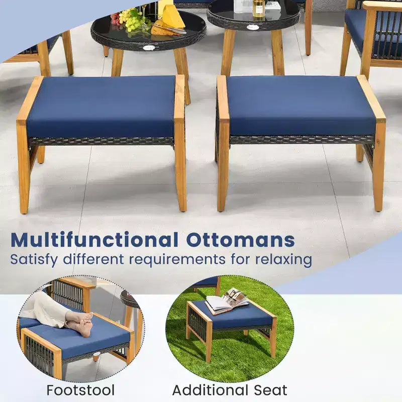 Costway 7 Piece Conversation Set Rattan Woven Chair Set with 2 Coffee Tables & 2 Ottomans